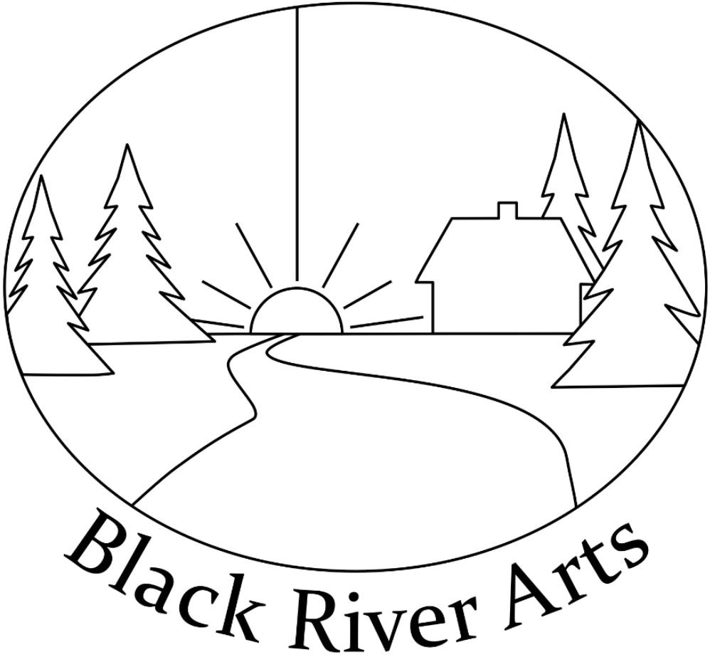 Black River Arts Logo featuring house, pine trees, river and sun with rays