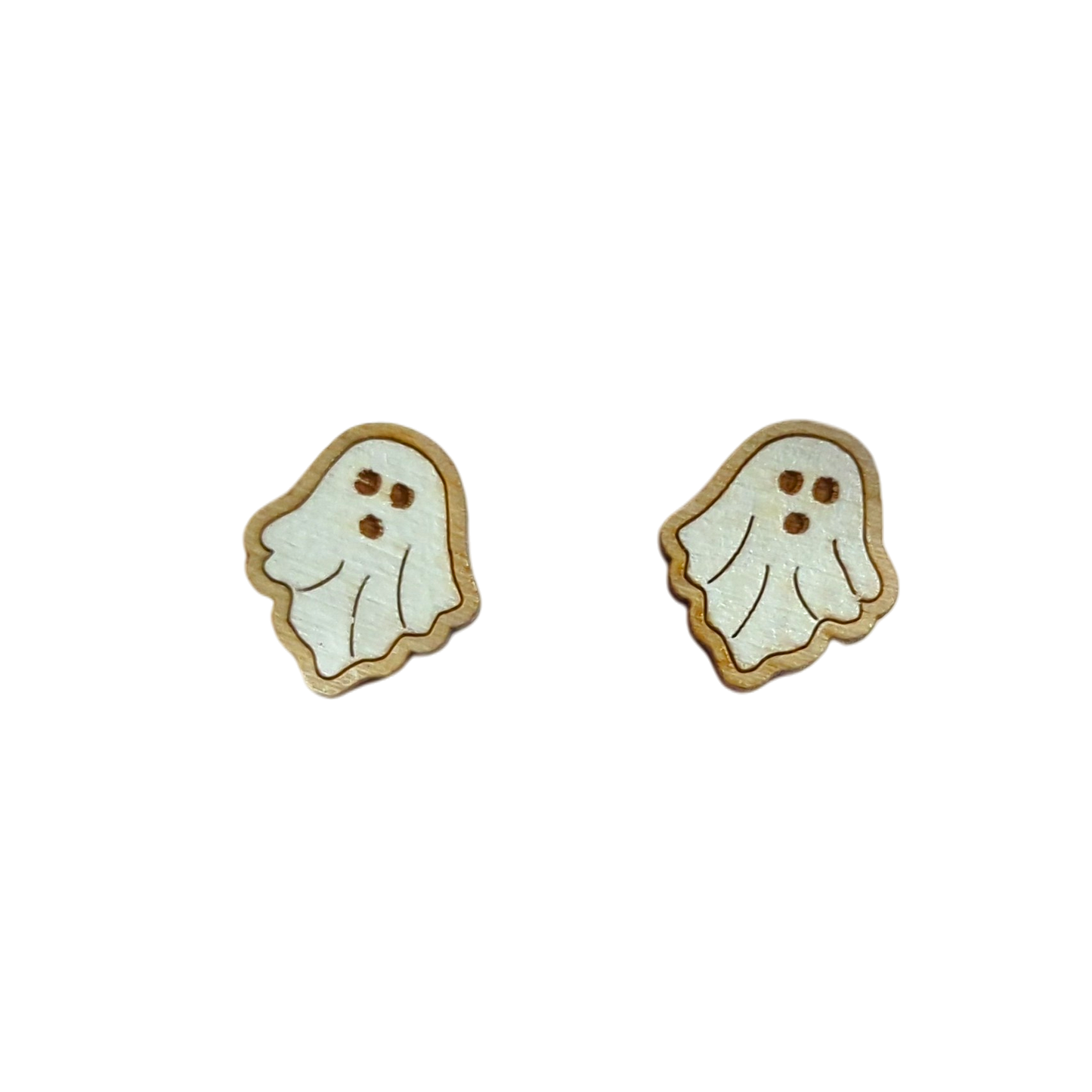 A pair of ghost-shaped stud earrings with white ACRYLIC PAINT fill,
