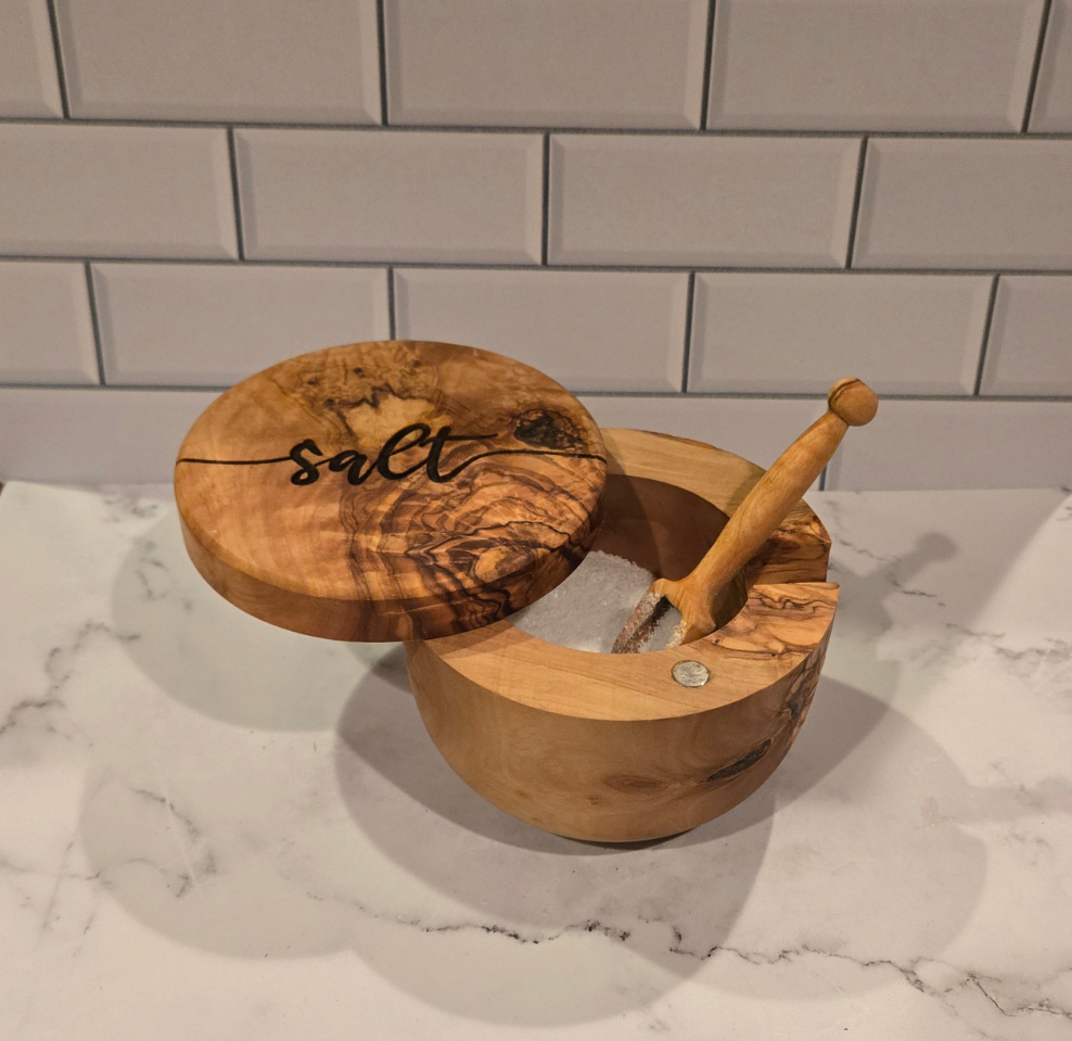 Salt Cellar w/scoop, Olive Wood