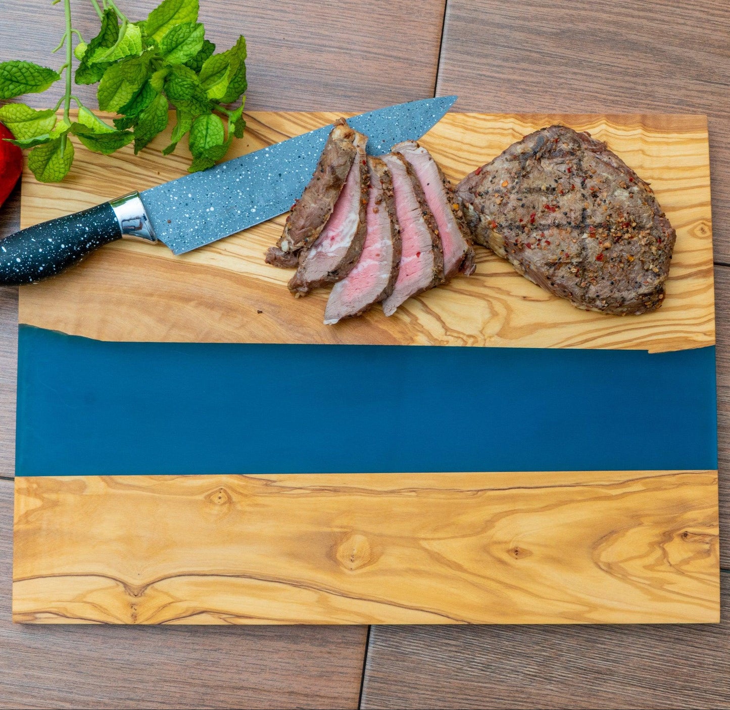 Olive Wood Blue Resin River Serving Board