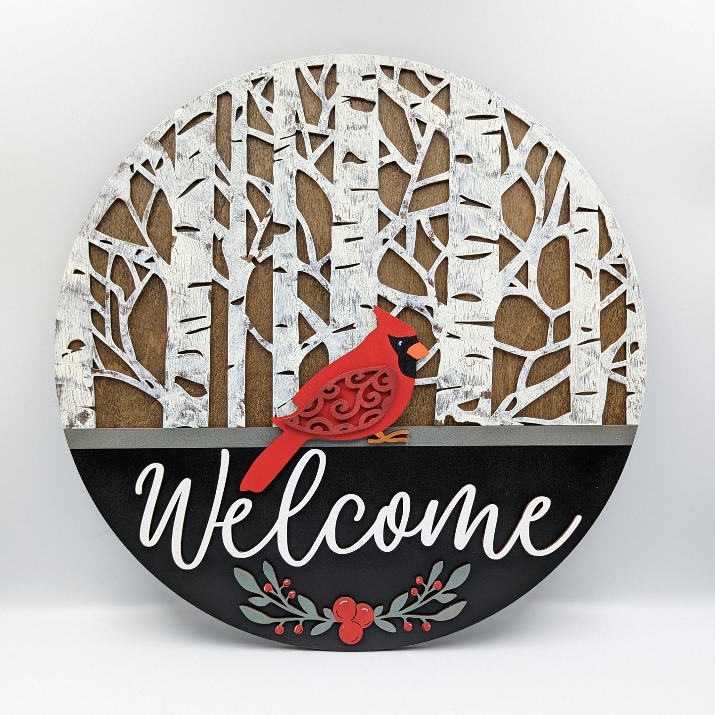 Cardinal Welcome Round with Birch Trees