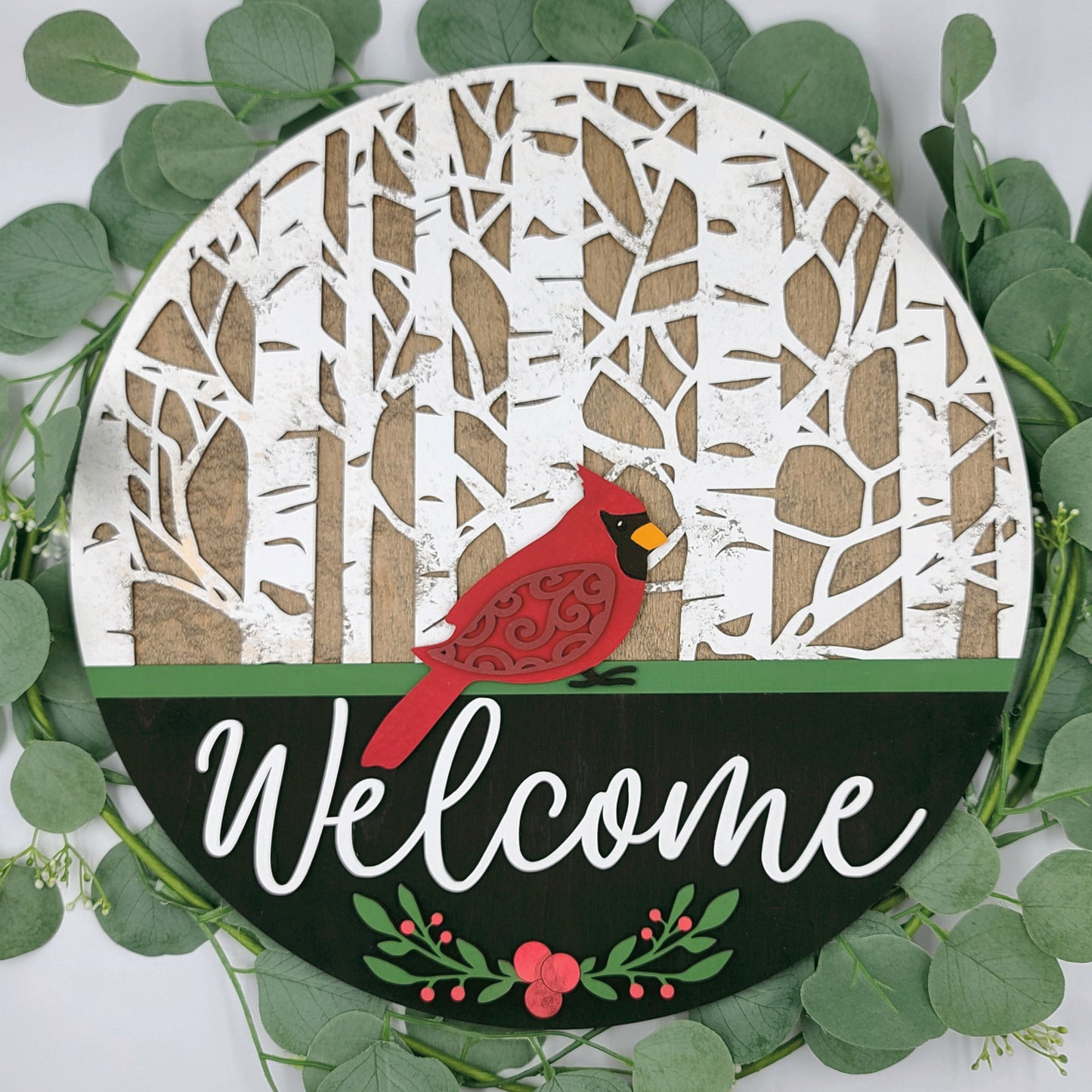 Cardinal Welcome Round with Birch Trees