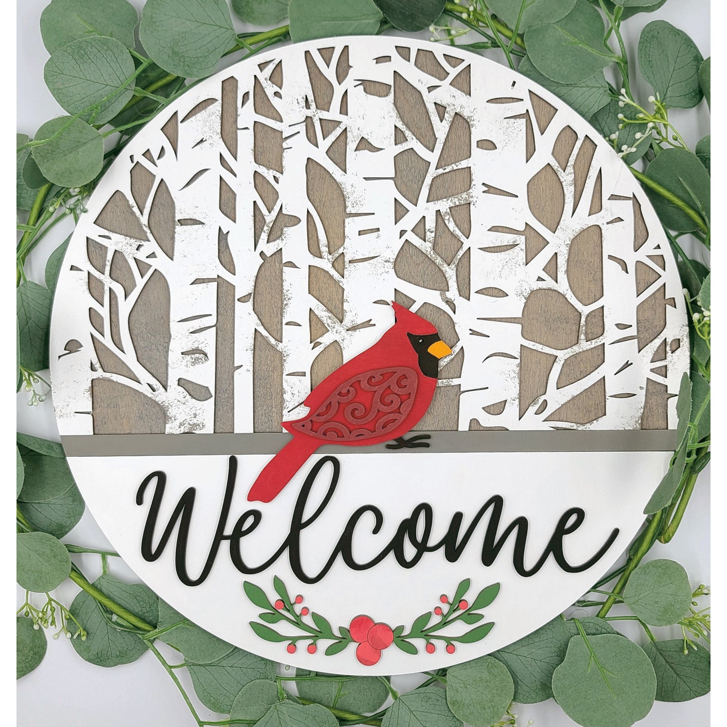 Cardinal Welcome Round with Birch Trees
