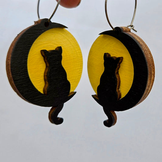 Halloween Black Cat Moon Dangle Earrings