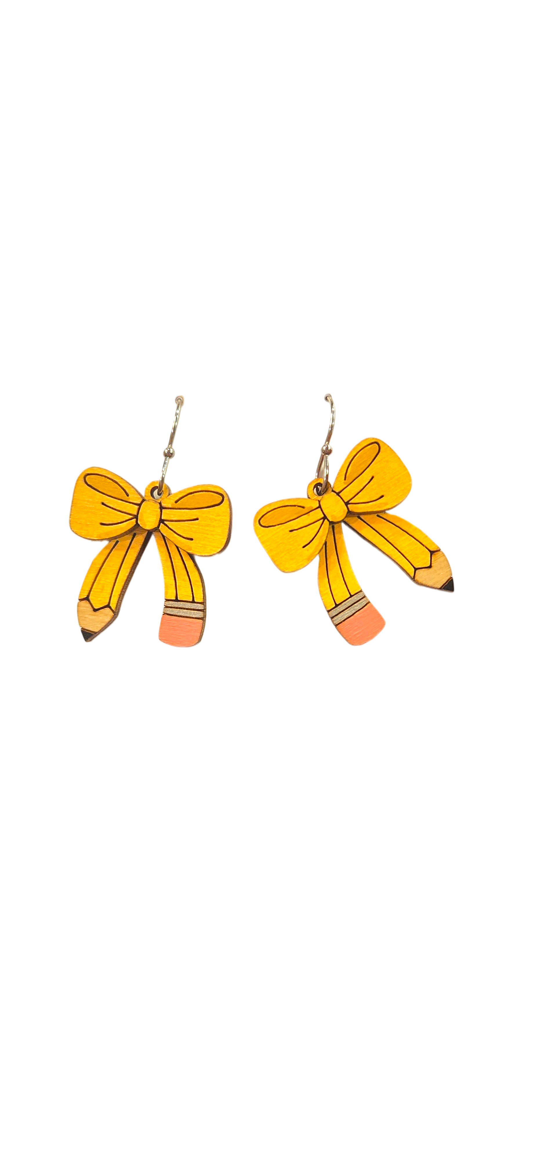 A pair of dangling earrings shaped like yellow pencil bows with orange erasers and silver-tone hooks, shown on a plain white background.