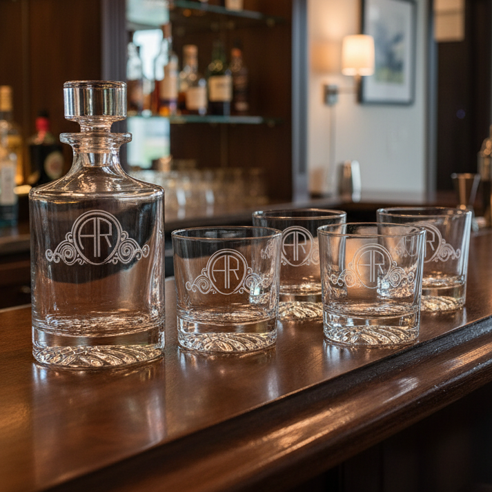 Set of glass decanter and tumblers with engraved design