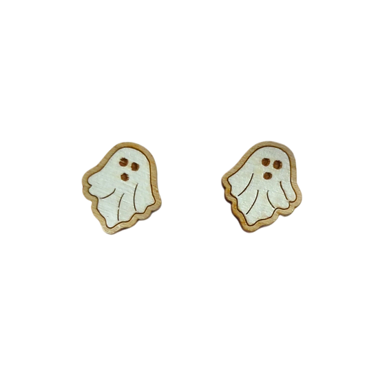 A pair of ghost-shaped stud earrings with white ACRYLIC PAINT fill,
