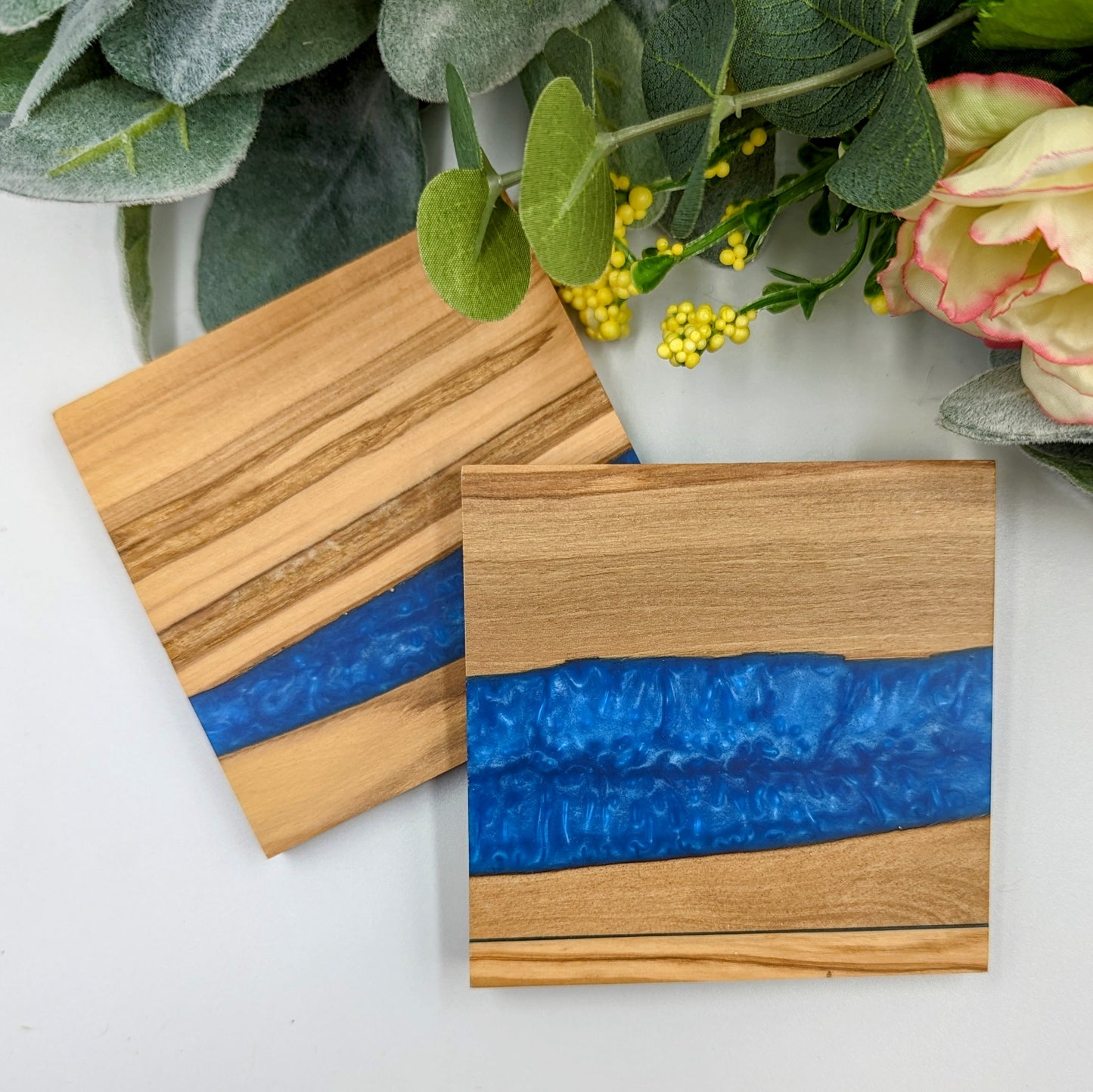 Coasters Olive Wood Blue Resin River