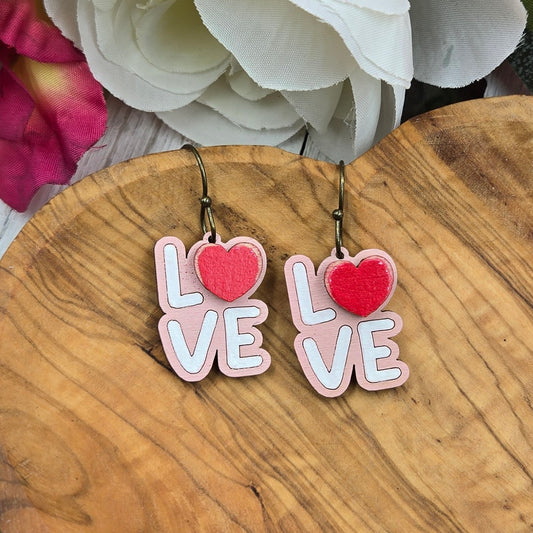 Hand-painted LOVE wooden dangle earrings for Valentine’s Day