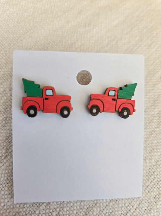 Red Truck Silhouette Christmas Stud Earrings