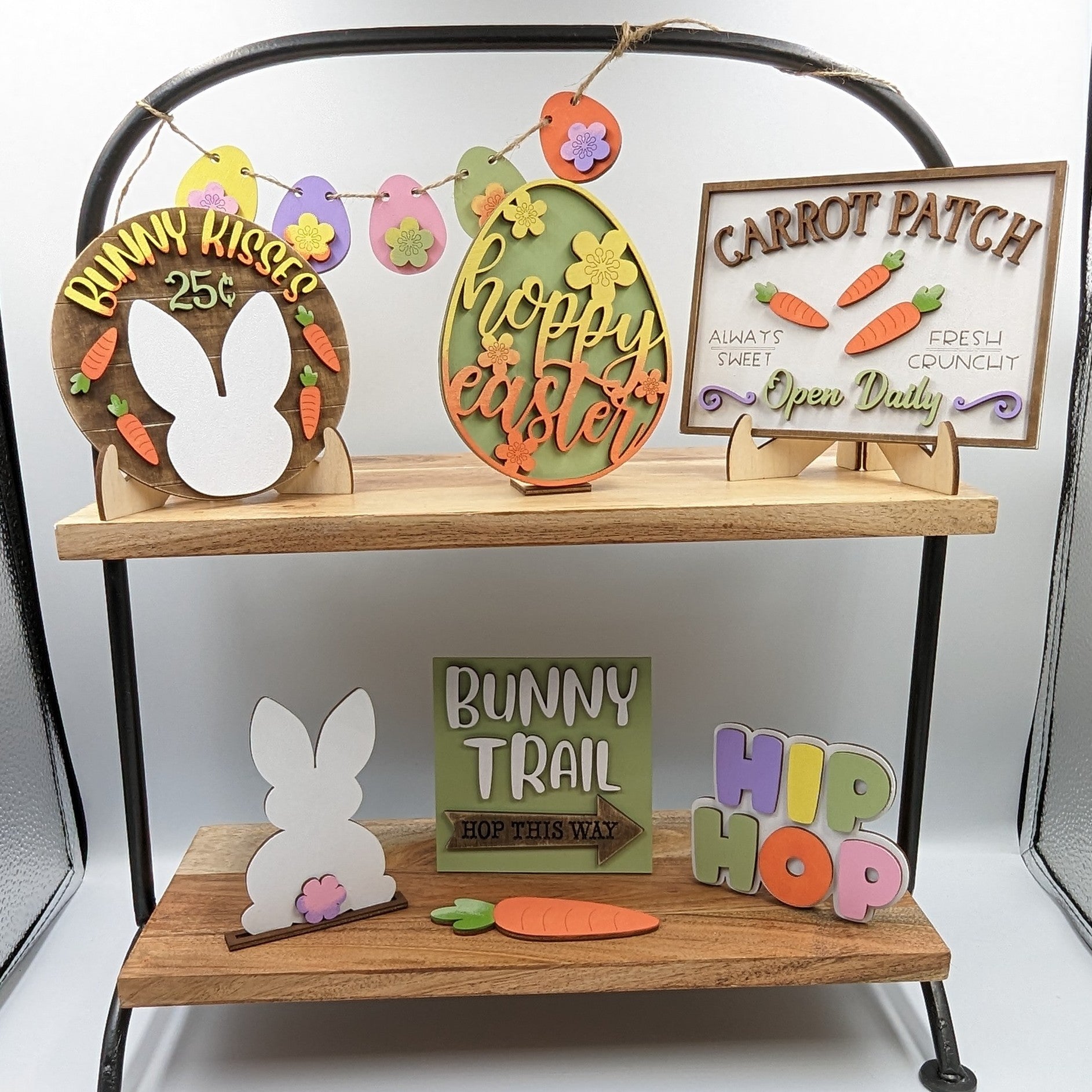 "Easter decor set with wooden signs and bunny decor, perfect for tiered trays or mantle displays.