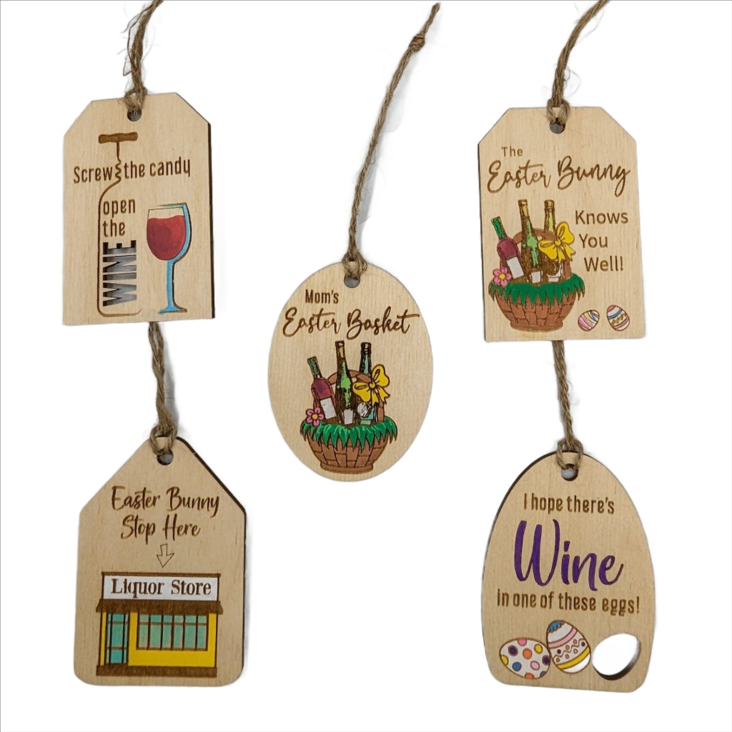 Colorful Easter wine bottle tags with intricate laser engraved details and hand painted accents.