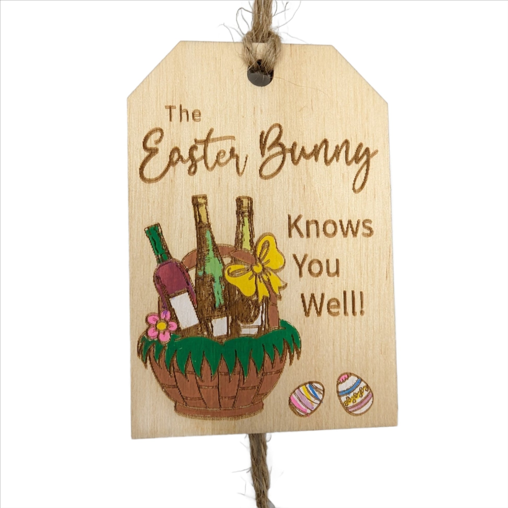 Colorful Easter wine bottle tags with intricate laser engraved details and hand painted accents.