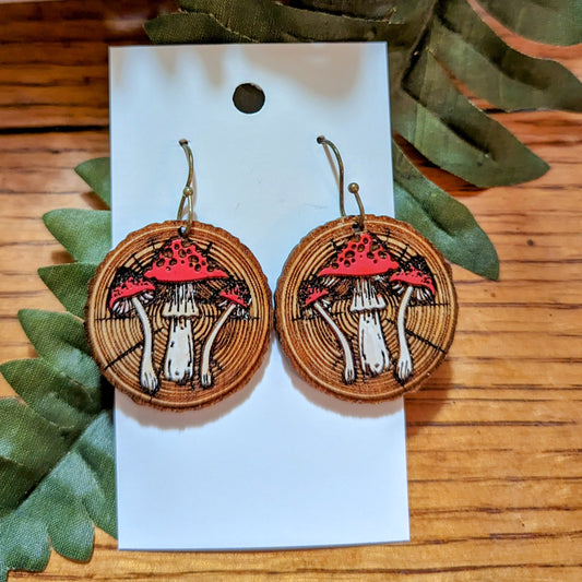 Mushroom Dangle Earrings, Hand Painted, Amanita